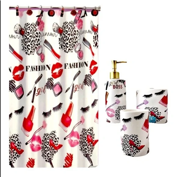Fashion Boss 5 Pieces Fabric Shower Curtain and Accessories Set Fashion Theme